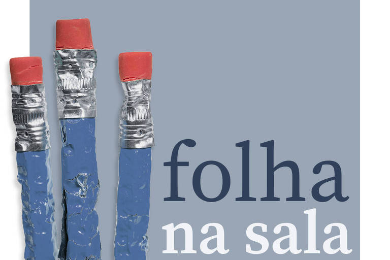 Imagem mostra três lápis escolares com marcas de mordidas sobre um fundo azul onde se lê o nome do programa, Folha na Sala