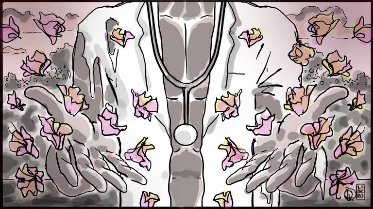 A ilustração mostra o tronco de um homem negro dos ombros até a cintura. Sua roupa é um jaleco de médico em farrapos, está aberto no peito onde ostenta um estetoscópio. Ao fundo nuvens de um por do sol amazônico com floresta e rio. O tom da ilustração é rosado. Suas mãos estão à frente ofertando flores rosadas que flutuam por toda a imagem.
