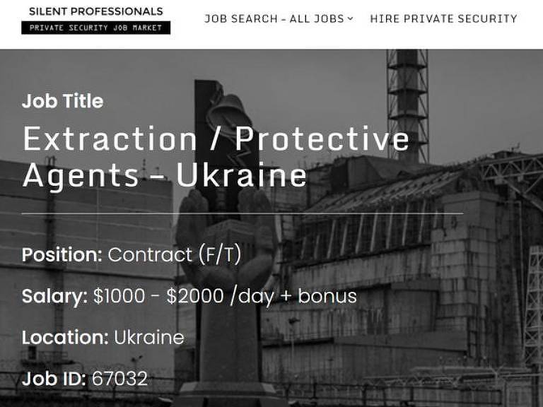 Anúncio de emprego para recrutamento de profissionais do setor militar e de segurança privada na Ucrânia