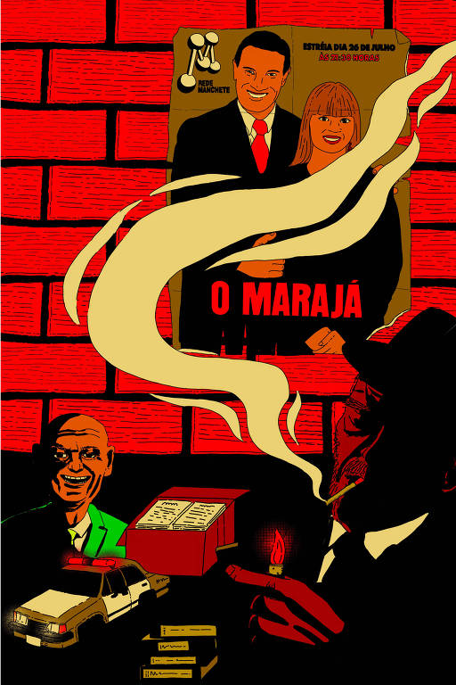 Imagem mostra muro de tijolinhos com um pôster da novela "O Marajá", abaixo diversos objetos pequenos como caixas de papel, fitas VHS, um carro de polícia dos anos 90 e o "Véio da Havan". Do lado direito, em maior escala um homem de chapéu e roupa de detetive fuma um cigarro. A fumaça passa por toda a imagem.