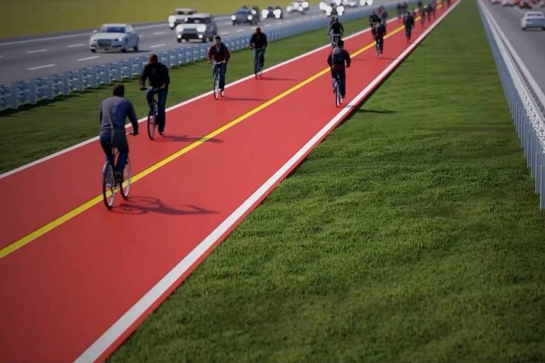 Ilustração mostra pista vermelha com ciclistas, entre as pistas de uma rodovia