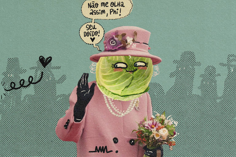 Na ilustração de Marcelo Martinez em colagem digital, a rainha Elisabeth  em seu tradicional estilo de vestimenta combinando chapéu e vestido   acena para o público, mas sua cabeça é um repolho. De canto de olho, ela sussurra, com cumplicidade, para alguém fora do quadro: "Não me olha assim, Phi! Seu doido!"