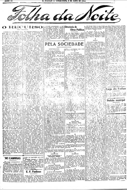 Primeira Página da Folha da Noite de 4 de abril de 1922
