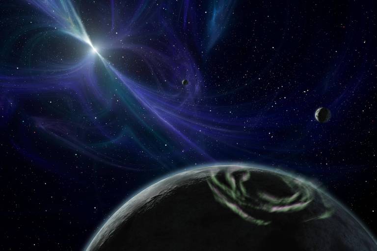 Concepção artística de planetas ao redor de um pulsar, um cadáver estelar