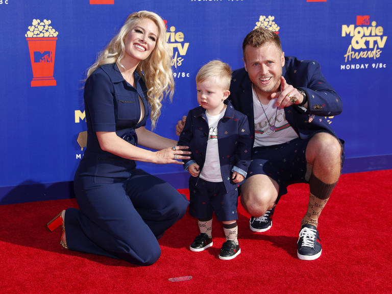 Heidi Montag, o filho Gunner Stone e o marido Spencer Pratt no MTV Movie and TV Awards 2019