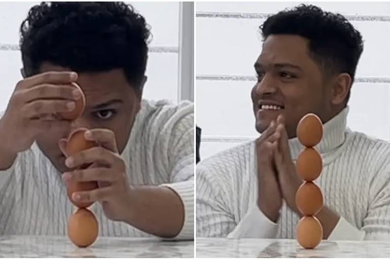 Homem empilha quatro ovos de galinha