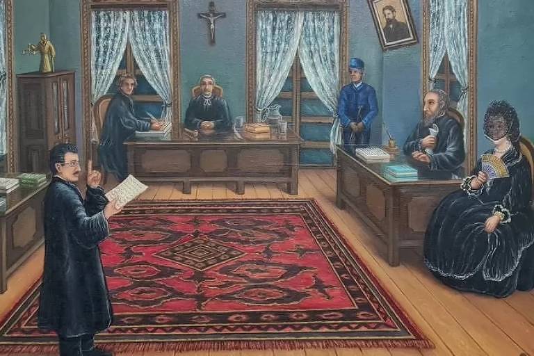 Reprodução de pintura sobre tela mostra a cena de um julgamento. Em uma sala, há cinco homens e uma mulher. Um dos homens está em pé com um papel na mão.