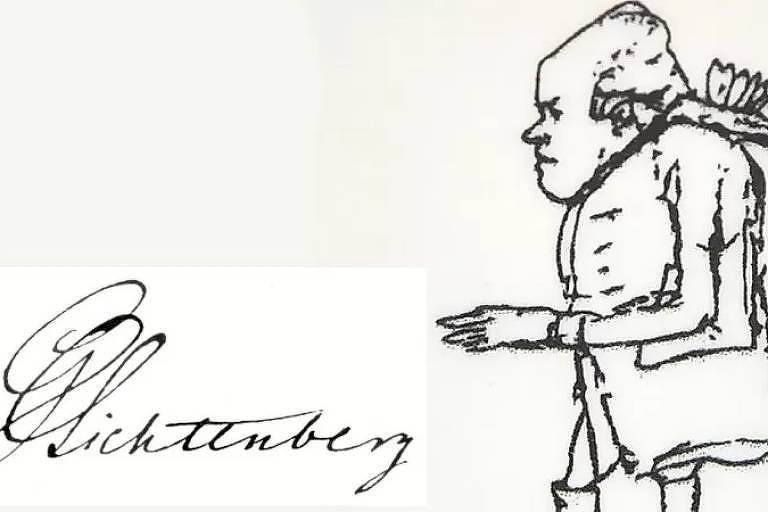 Imagem mostra a assinatura de Lichtenberg e desenho de um homem de perfil