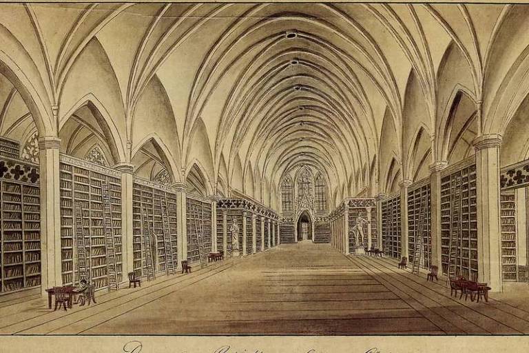Ilustração mostra o corredor de uma biblioteca da Universidade de Gotinga, com estantes e livros