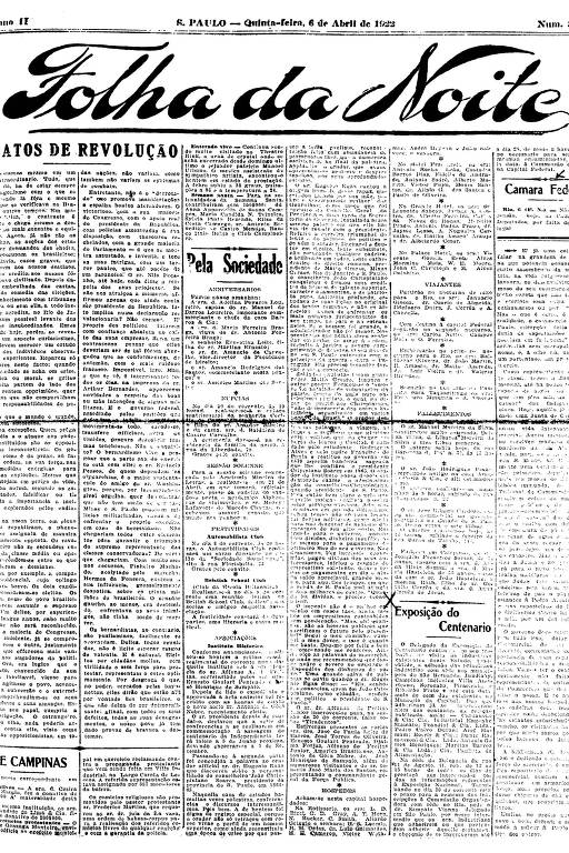 Primeira Página da Folha da Noite de 6 de abril de 1922