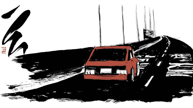 Carro em vermelho, visto de trás, faz curva em estrada em preto e branco. É uma versão ilustrada de um frame extraído do filme que o texto trata