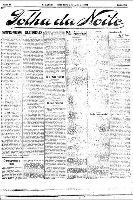 Primeira Página da Folha da Noite de 7 de abril de 1922