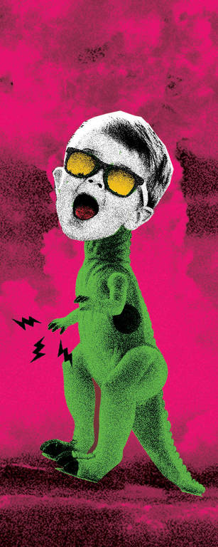 ilustração de um dinossauro verde com cabeça de um menino em preto e branco usando oculos com lentes amarelas, com a boca aberta mostrando a lingua vermelha. Ao fundo imagem de uma bomba com efeito magenta