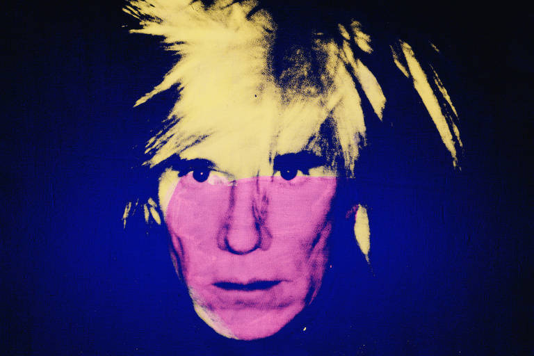 Retrato colorido de Warhol com pintura amarela e rosa por cima