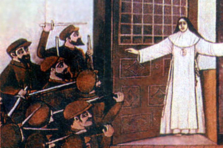 na ilustração, uma freira está parada, com os braços abertos, na entrada de um mosteiro. diversos soldados estão do lado de fora, apontando armas para ela