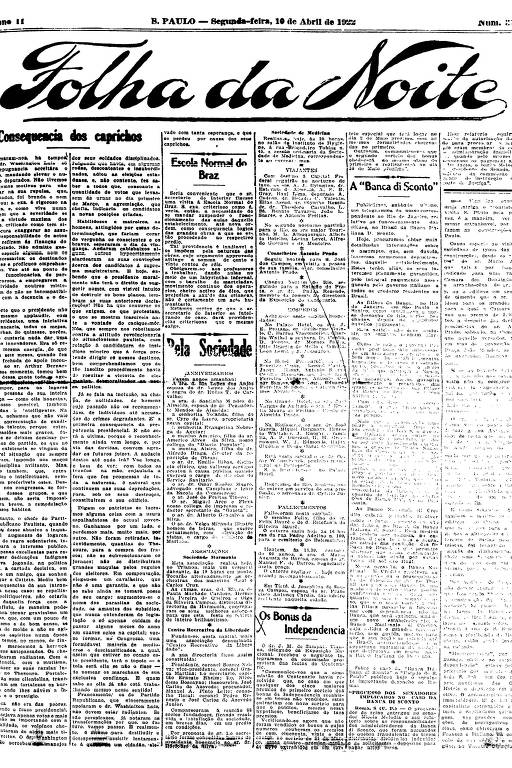 Primeira Página da Folha da Noite de 10 de abril de 1922