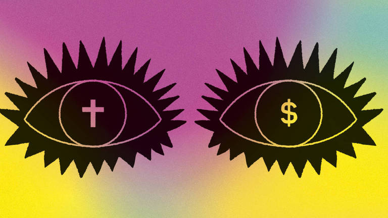 Ilustração representando dois olhos negros, sobre um fundo colorido, em cujas pupilas são desenhadas uma cruz e um cifrão