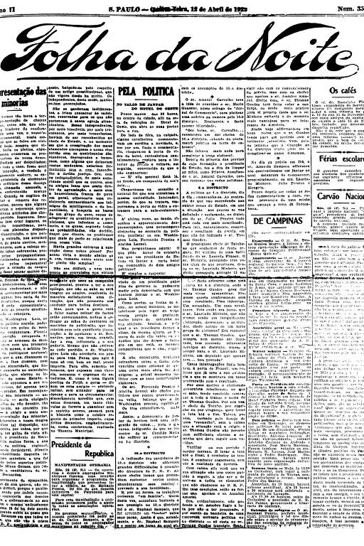 Primeira Página da Folha da Noite de 12 de abril de 1922