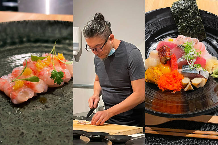 A fotomontagem mostra um sashimi de lagosta sobre um prato escuro, o chef Tsuyoshi Murakami cortando um pescado e uma tigela preta com diversos pescados e frutos do mar dispostos sobre arroz