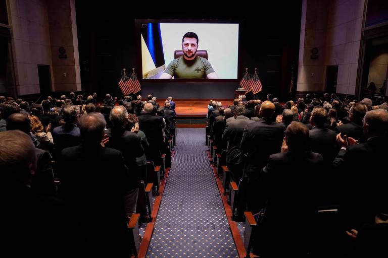 O presidente da Ucrânia, Volodimir Zelenski, durante discurso ao Congresso dos EUA