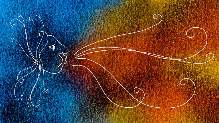 Ilustração uma cabeça que, sobre fundo azul, faz bico a assopra um vento representado por linhas sobre um fundo amarelo
