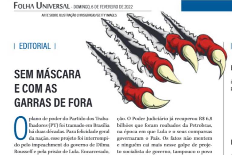 Editorial da Folha Universal com ataques a Lula e ao PT