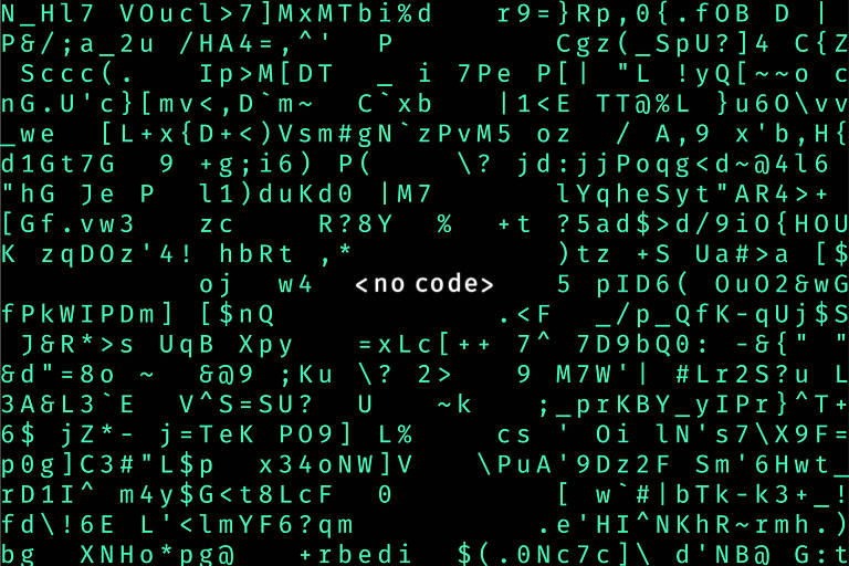 Ilustração mostra as palavras "no code" com fonte branca e entre sinais de "menor que" e "maior que", rodeada por códigos escritos em verde, todos sobre fundo preto