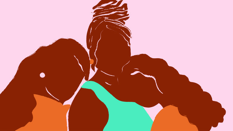 Na ilustração, sobre um fundo rosa estão localizadas três silhuetas femininas de cor marrom, a primeira e a terceira usam blusas de cor laranja e possuem cabelos longos, a segunda, ao centro, usa uma blusa azul e cabelos que remetem a uma trança presa, que sobe até o alto da cabeça. As figuras estão voltadas para o leitor, sendo que a terceira está com a cabeça apoiada, de modo afetivo, junto ao peito da mulher ao centro.