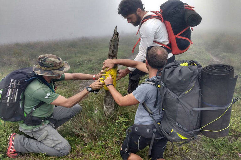 Grupo de voluntários aplica marca de orientação na trilha Transmantiqueira