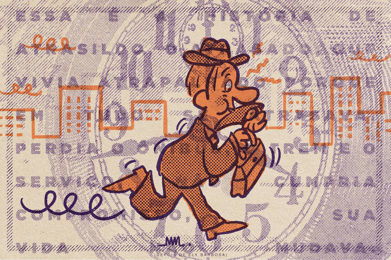 Na ilustração de Marcelo Martinez, em estilo retrô e usando as cores laranja e roxo, o personagem "Atrasildo, o Atrasado"  da clássica propaganda de TV do carnê do Baú nos anos 1970   olha seu relógio enquanto corre, apressado.