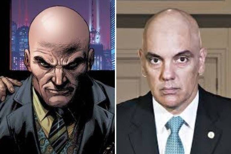 Foto colagem mostra o personagem de quadrinhos Lex Luthor e um retrato do Ministro Alexandre de Moraes, lado a lado. Ambos são brancos, calvos e usam terno e gravata