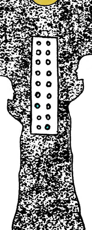 silhueta de duas mulheres na cor preta, uma do lado esquerdo, outra no direito, um pouco mais alta, dentro da ilustração de um elevador, com dois botões do andar acesos em azul. na parte superior tem uma lampada na cor amarela. O fundo é uma textura na cor preta.