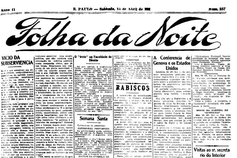 Primeira Página da Folha da Noite de 15 de abril de 1922