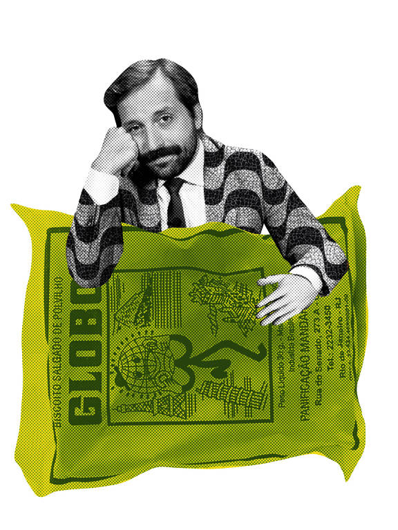 Ilustração que faz uma colagem composta pela foto em preto e branco de Gregorio Duviver vestindo um terno com estampa do calçadão de Copacabana e segurando um pacote verde de biscoitos Globo