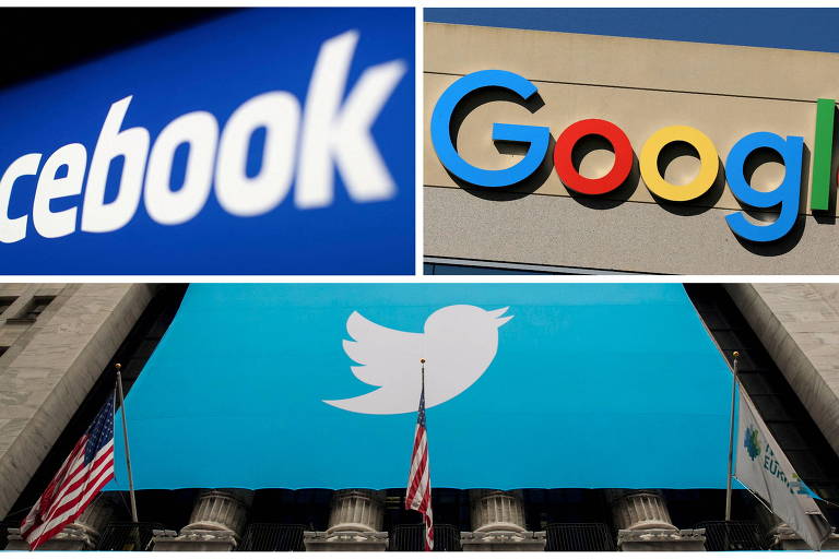 Logos das empresas Facebook, Google e Twitter