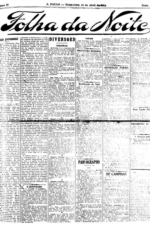 Primeira Página da Folha da Noite de 18 de abril de 1922