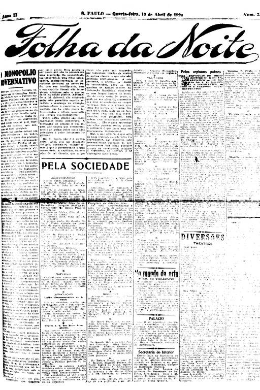 Primeira Página da Folha da Noite de 19 de abril de 1922