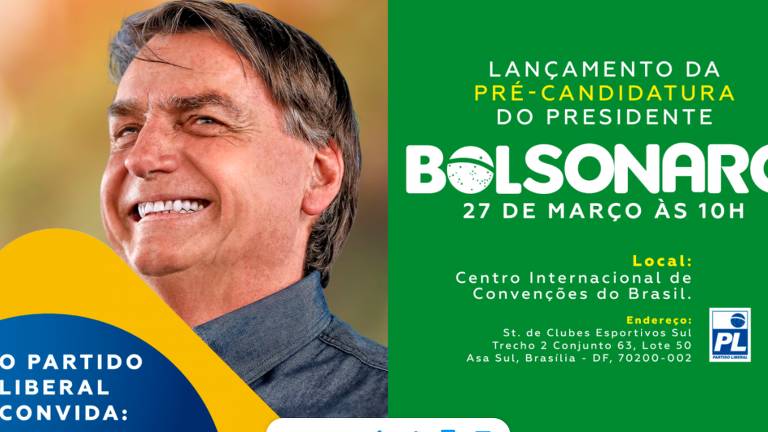 cartaz com Bolsonaro sorridente e a informação sobre o lançamento de sua pré-candidatura