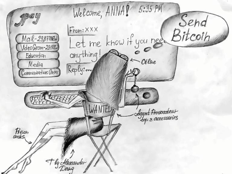 Desenho em preto e branco de mulher mexendo no computador; lê-se 'send bitcoin' saindo de balão próximo a sua cabeça