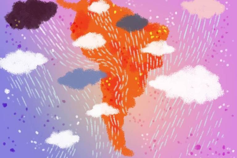Arte ilustra a América do Sul em laranja sobre um fundo rosado; nuvens com chuvas permeiam todo o continente e os oceanos ao redor.