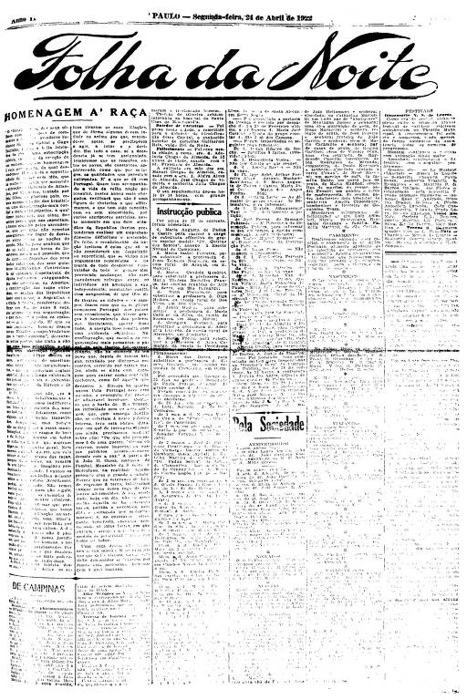 Primeira Página da Folha da Noite de 24 de abril de 1922
