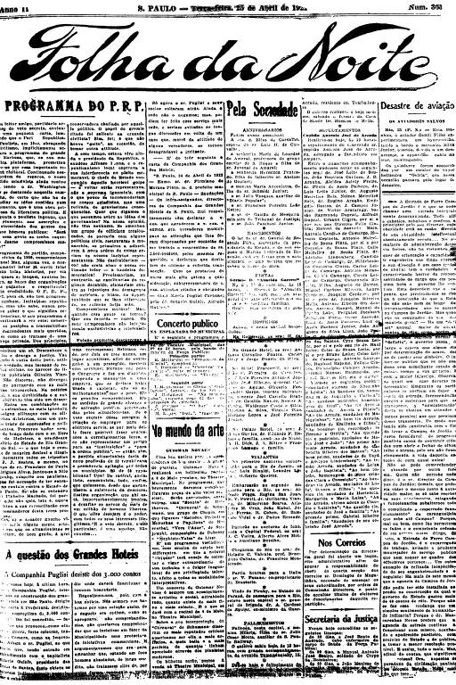 Primeira Página da Folha da Noite de 25 de abril de 1922