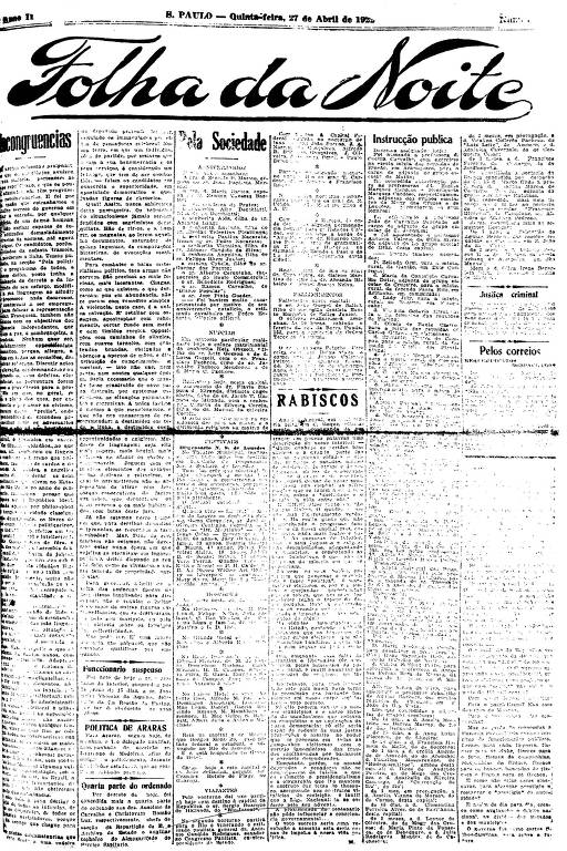Primeira Página da Folha da Noite de 27 de abril de 1922
