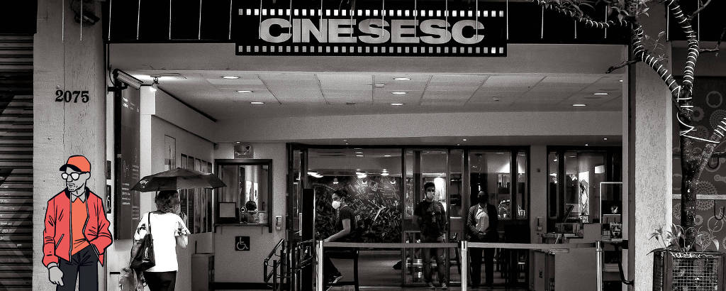 Entrada do Cinesesc, na rua Augusta, em fotografia em preto e branco. Há um desenho feito por cima da foto, que é um homem encostado na fachada do cinema. Ele veste boné e casaco vermelhos