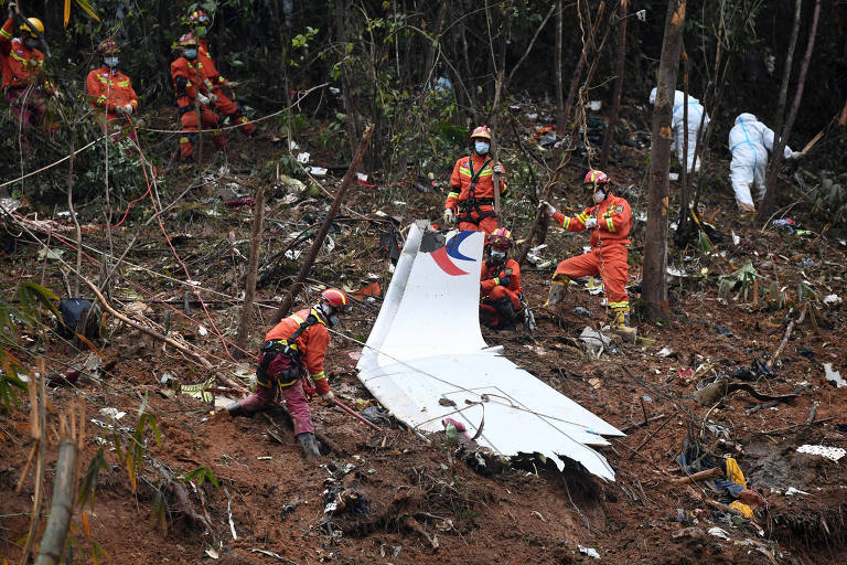Equipes de busca no local onde o avião caiu
