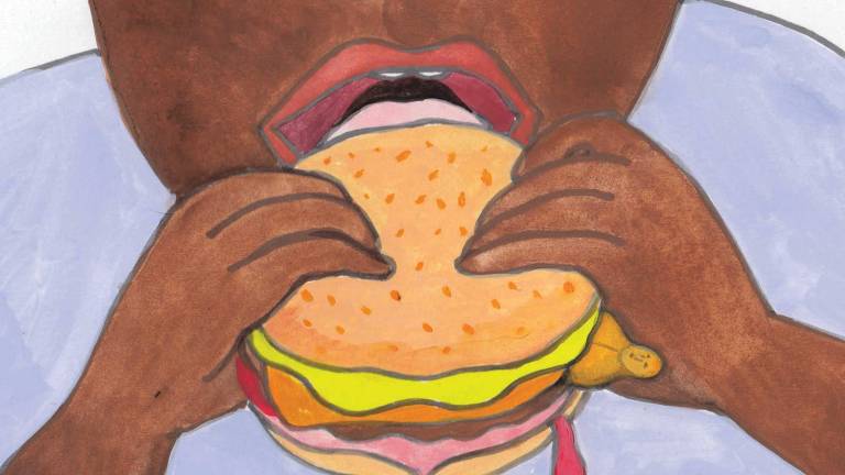 Ilustração que representar uma pessoa negra levando um hambúrguer que tem nas mãos à boca. De dentro do hambúrguer, entre os ingredientes sai uma figura de um homem amarelada