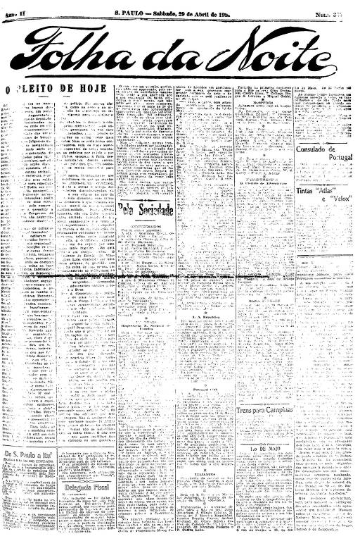 Primeira Página da Folha da Noite de 29 de abril de 1922