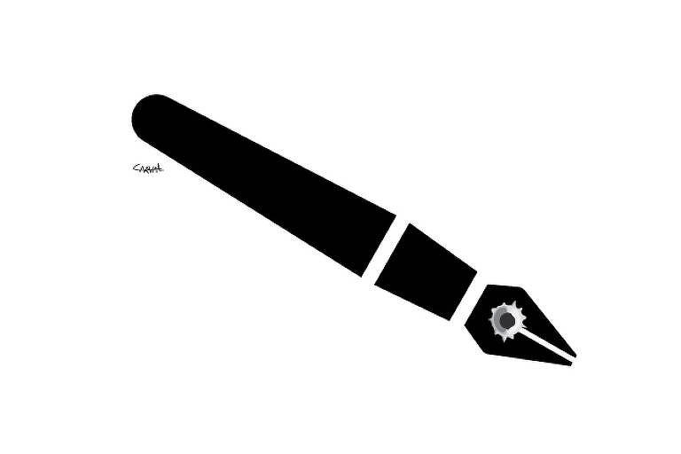 Ilustração de uma caneta tinteiro com um buraco de bala na sua ponteira.