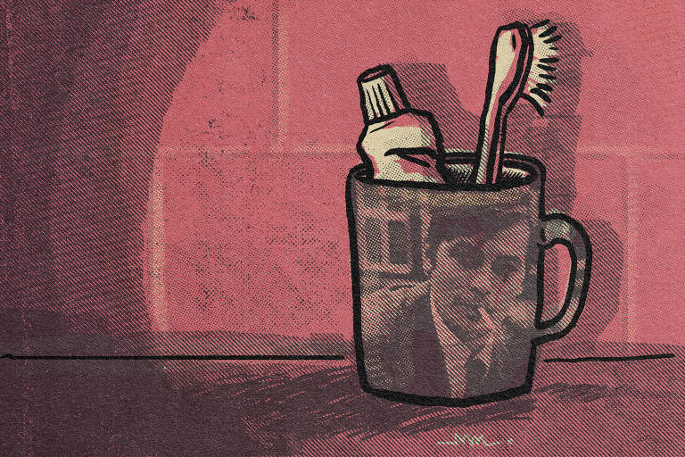 Na ilustração de Marcelo Martinez: sobre uma bancada de pia, apoiada em uma parede de azulejos de banheiro, temos uma caneca  contendo um tubo de pasta de dentes e uma única escova dental. Na caneca, está estampada uma foto do ator Alain Delon.