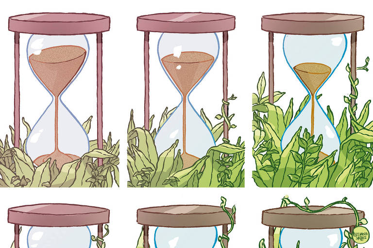 Ilustração mostra 3 relógios de areia com plantas em volta. Enquanto no primeiro, há mais areia do que planta, no terceiro isso se inverte. Embaixo há mais três, mas só se vê o topo deles, com as plantas crescendo.